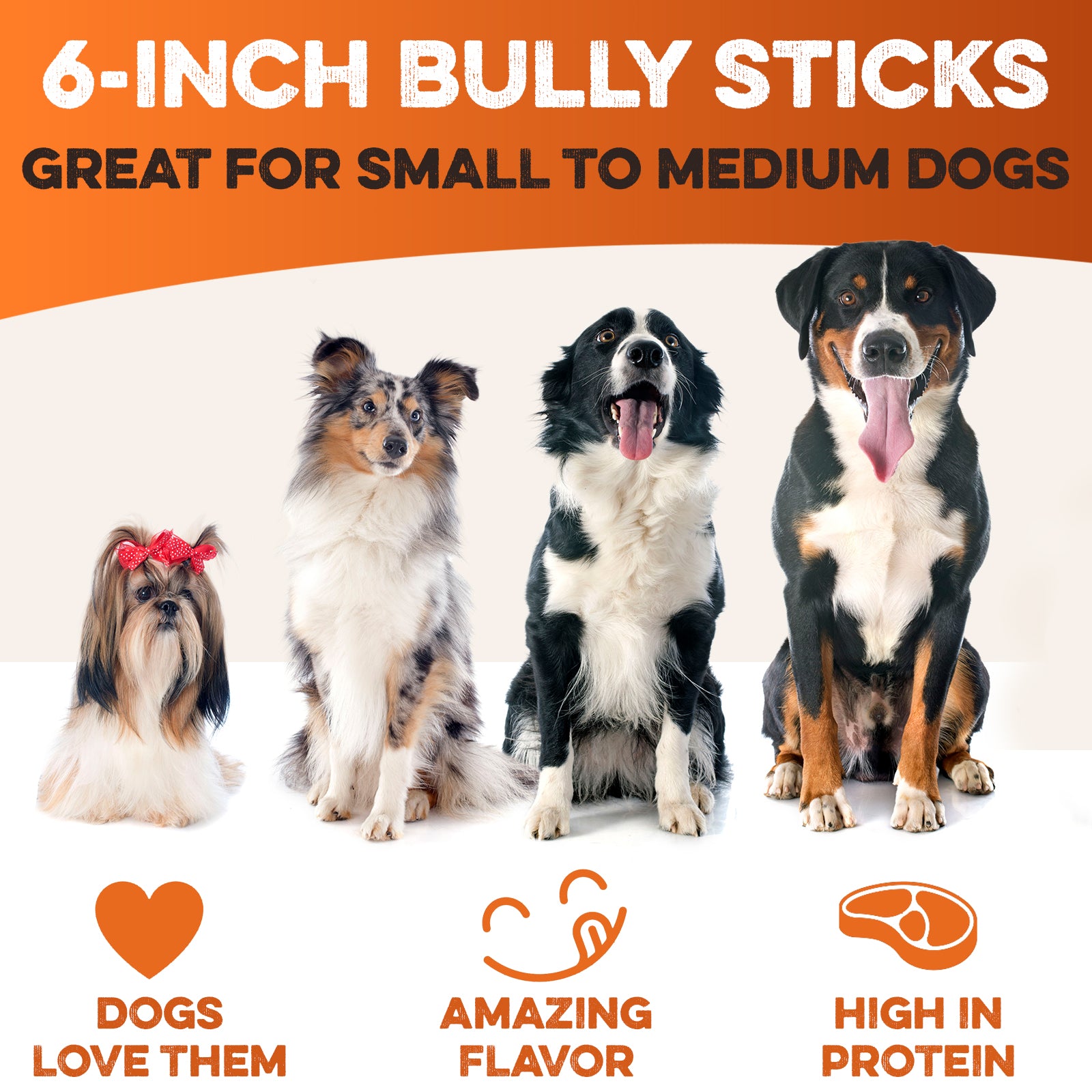 6-inch bully sticks for small to medium dogs, high protein, amazing flavor, dogs love them