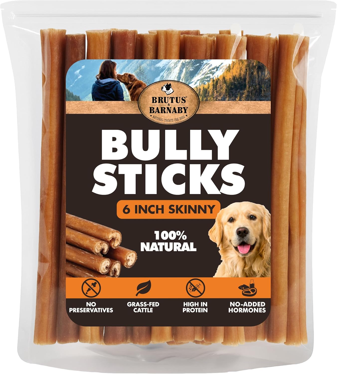 6 inch skinny bully sticks for dogs by Brutus & Barnaby, natural high-protein rawhide-free chews