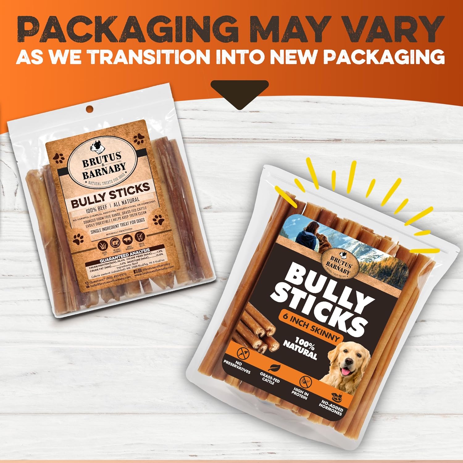 6 inch skinny bully sticks packaging by Brutus & Barnaby, showing old and new natural dog chew bags