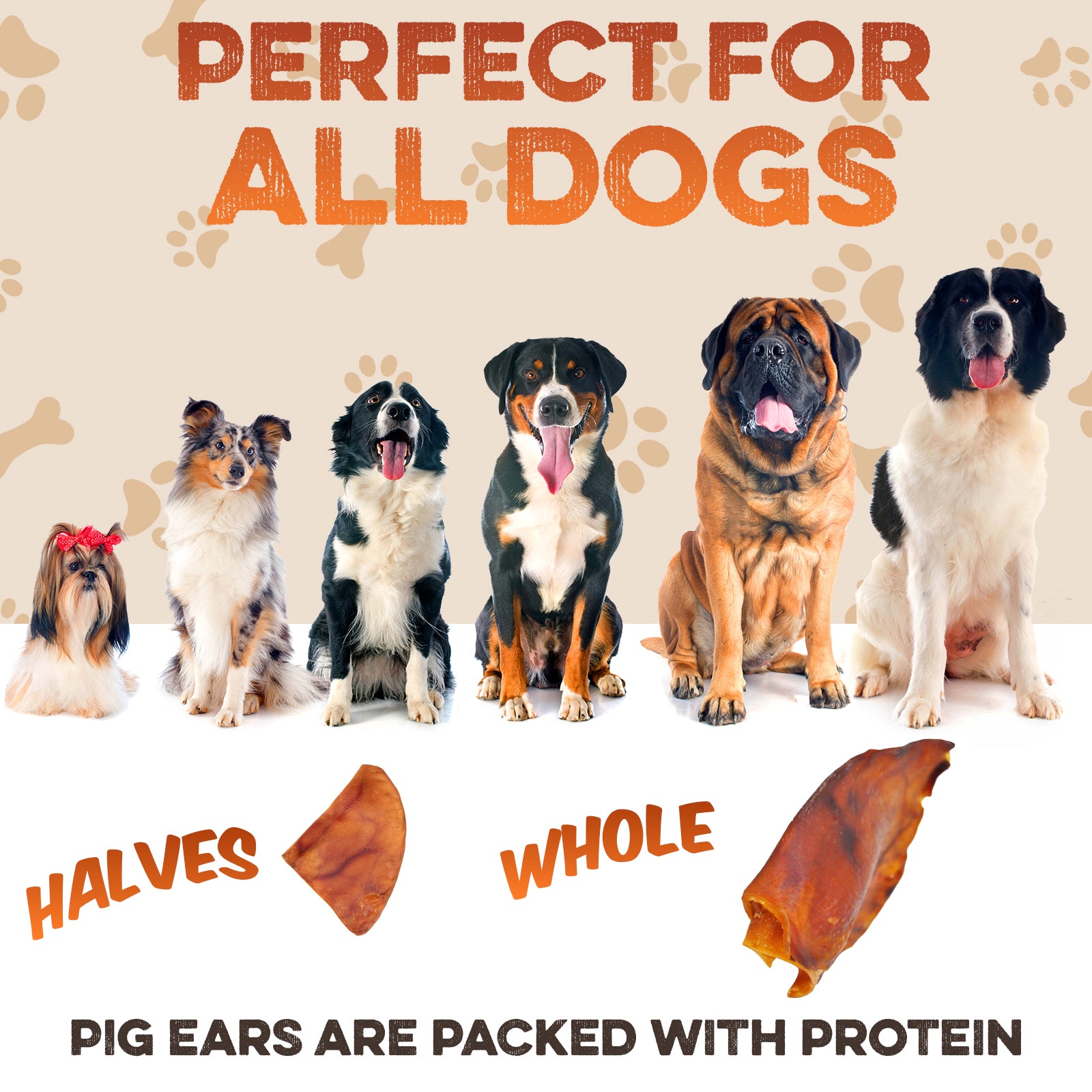 All dogs love protein-packed pig ears — whole or halves — natural chews for every breed