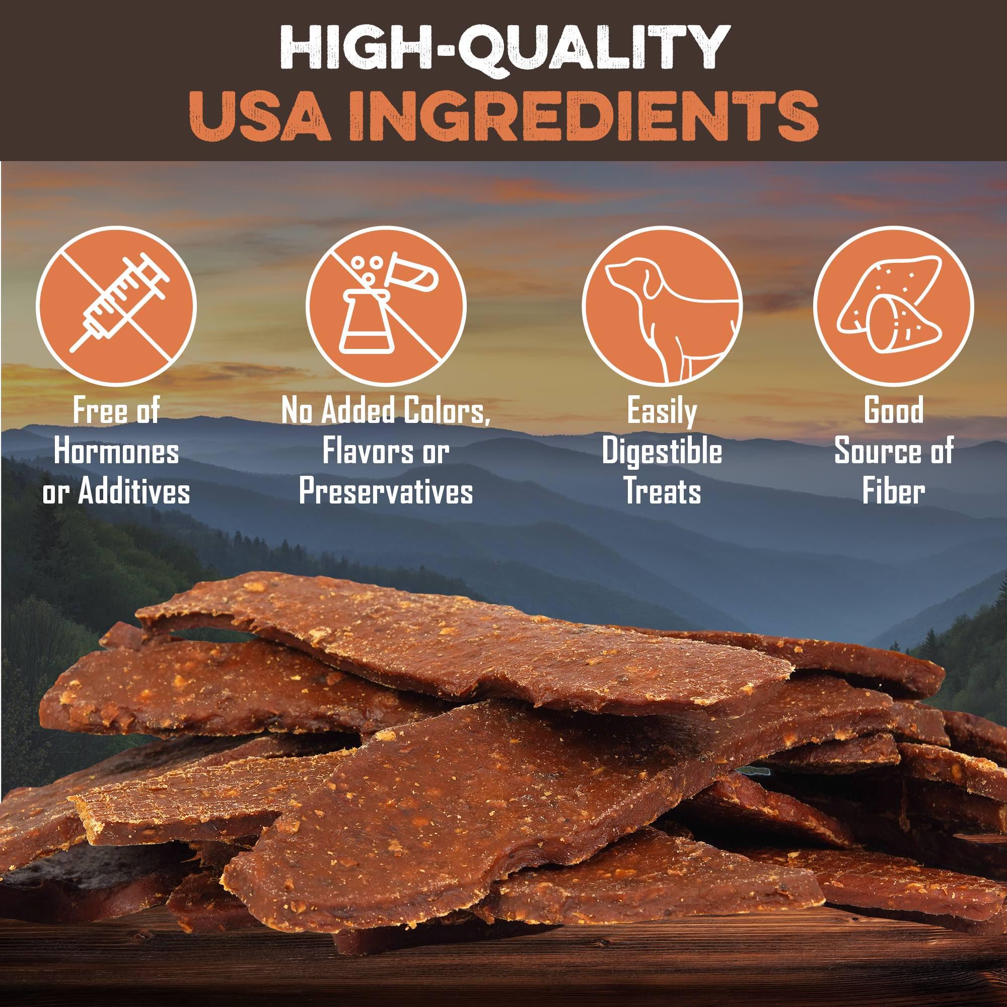 All-natural USA-made dog treats, hormone-free, no additives, easily digestible, good fiber source