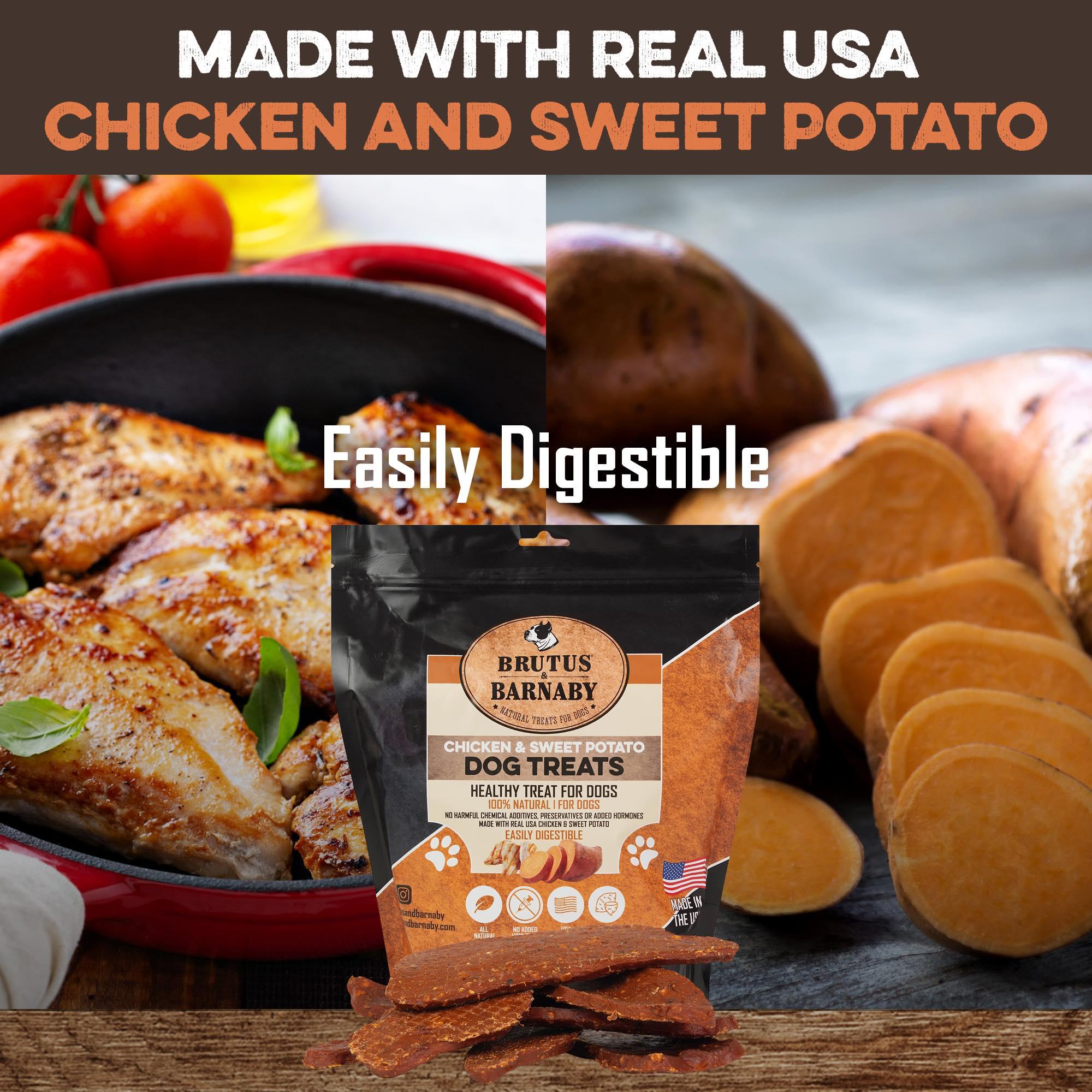 All-natural chicken & sweet potato dog treats, easily digestible, made in USA with real ingredients