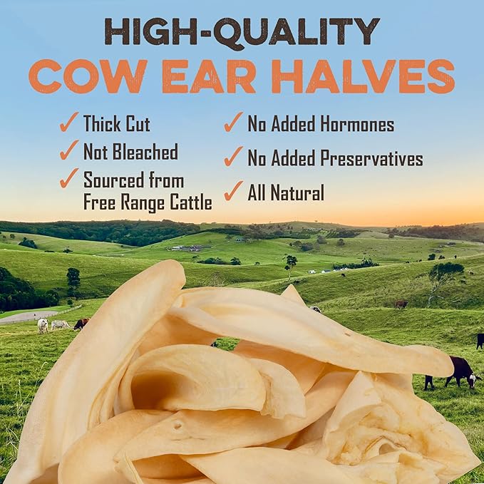 All-natural cow ear halves for dogs, thick-cut, sourced from free-range cattle, no added hormones or preservatives