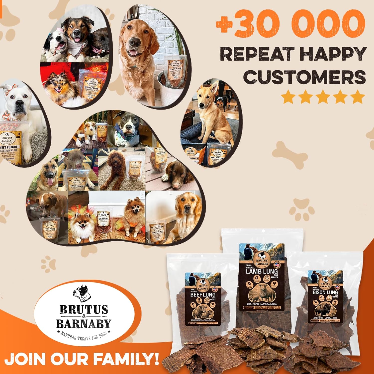 All-natural dog treats like beef, lamb & bison lung chews with happy customer photos and 5-star reviews