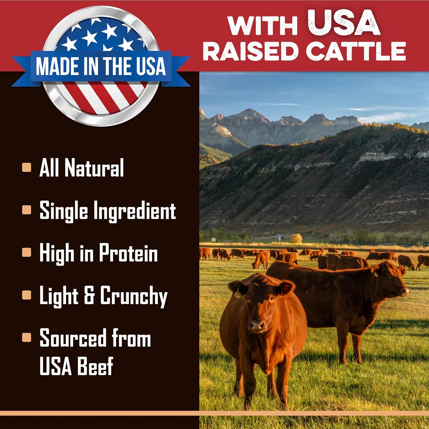 All-natural dog treats made in USA with USA-raised cattle, high-protein, single-ingredient, light & crunchy