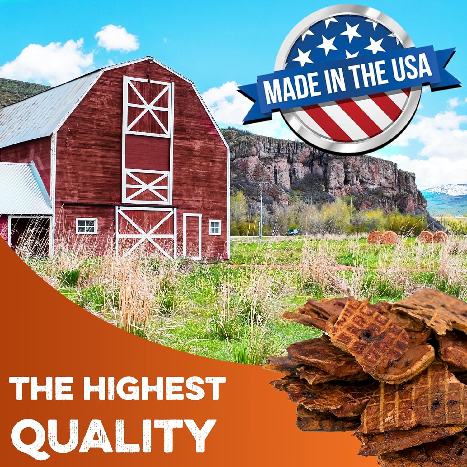 All-natural dog treats made in the USA, highest quality, with red barn background