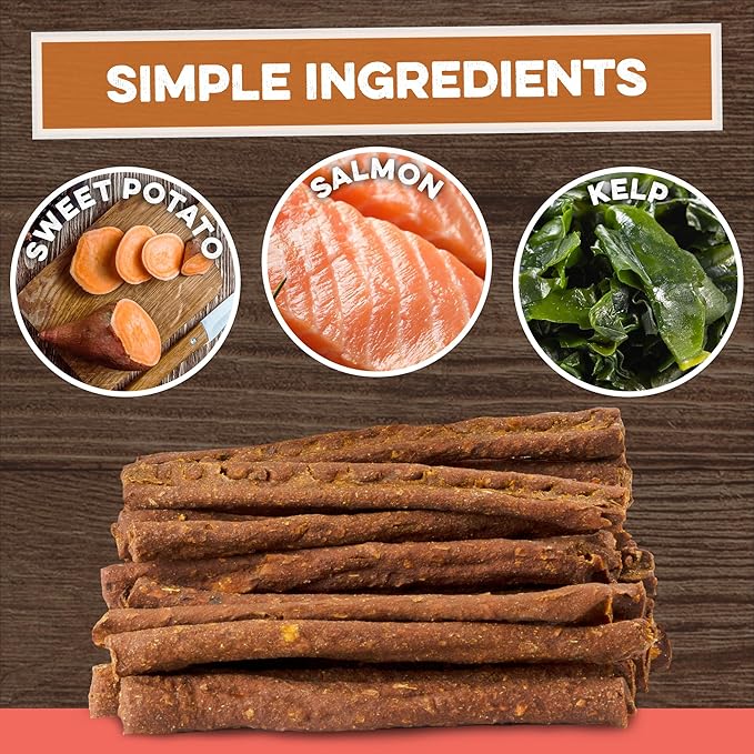 All-natural dog treats with simple ingredients: sweet potato, salmon, kelp — USA-made, digestible chews