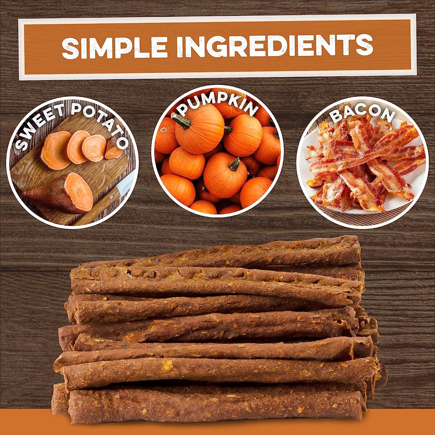 All-natural dog treats with sweet potato, pumpkin, and bacon ingredients, made in USA for safe digestibility