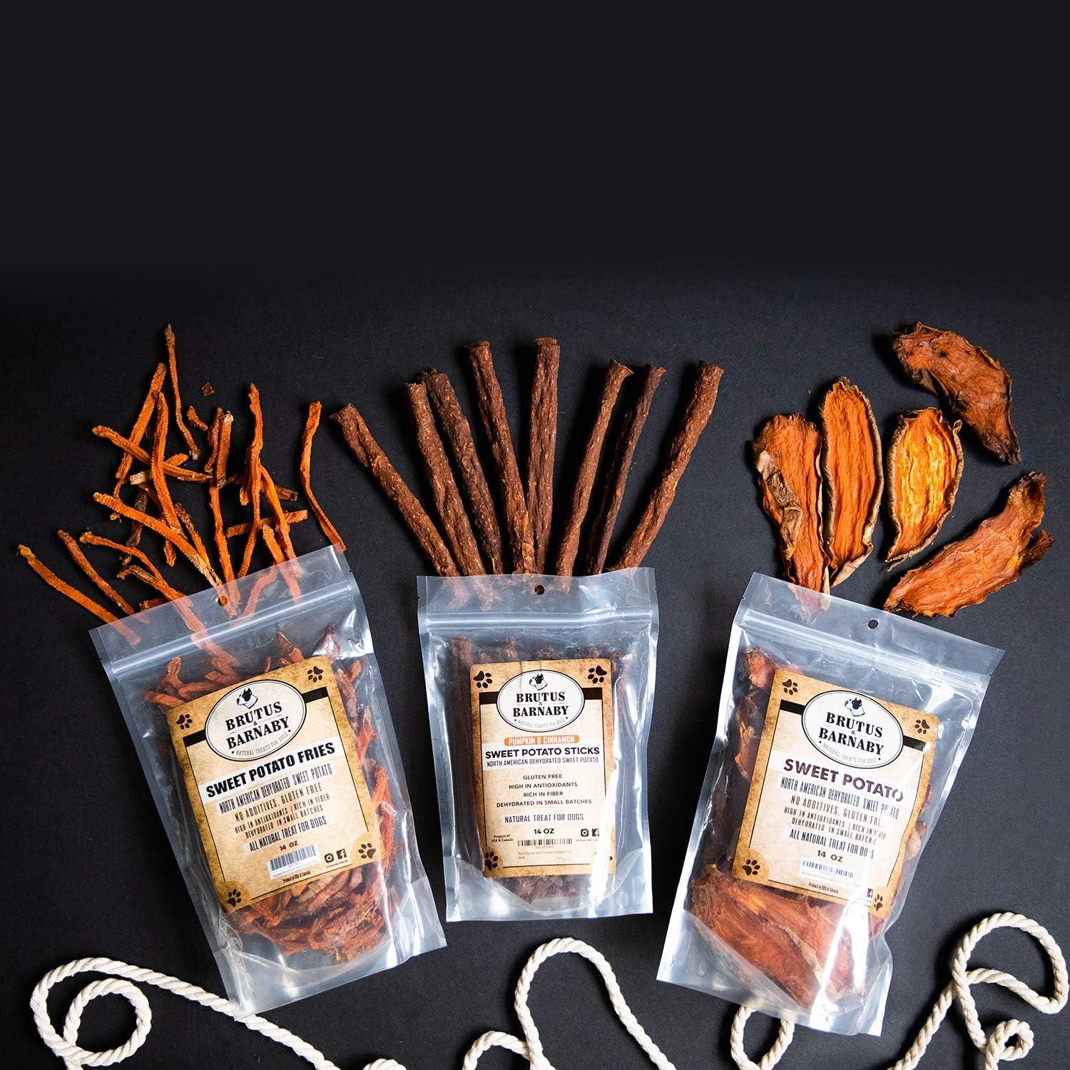 All-natural sweet potato dog treats: fries, sticks, and slices in clear bags on black background