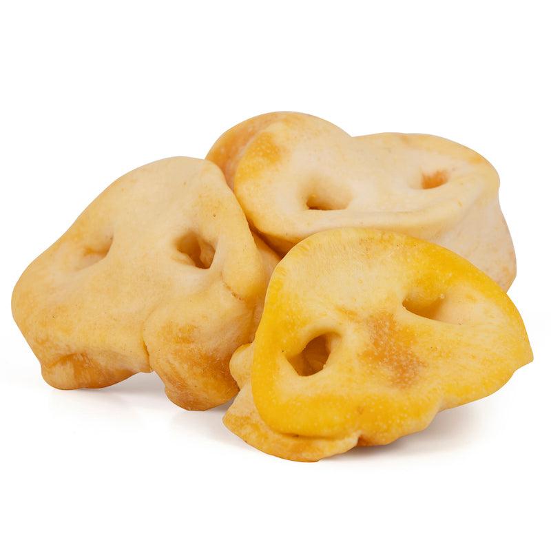 All-natural sweet potato dog treats shaped like bones, made in USA for safe, digestible snacking.