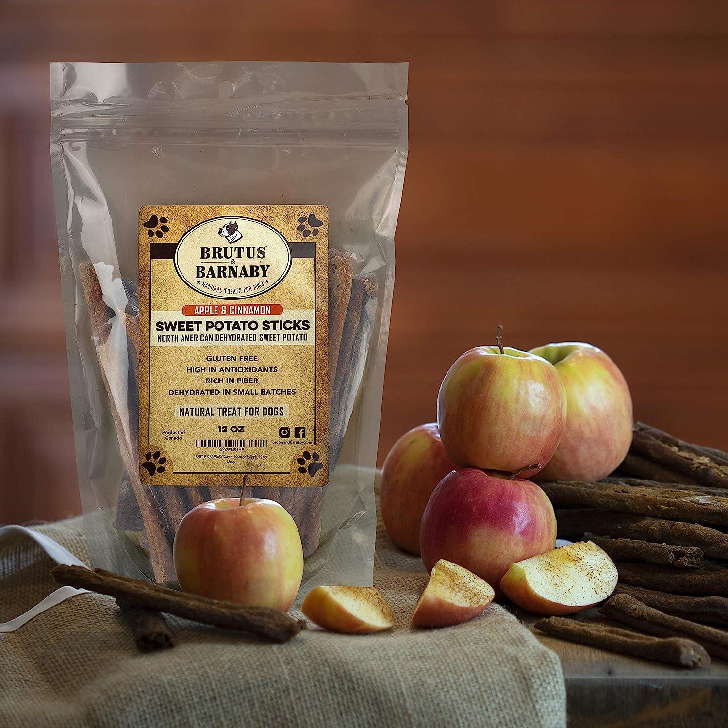Apple cinnamon sweet potato sticks for dogs, natural gluten-free treats with fresh apples and cinnamon sticks
