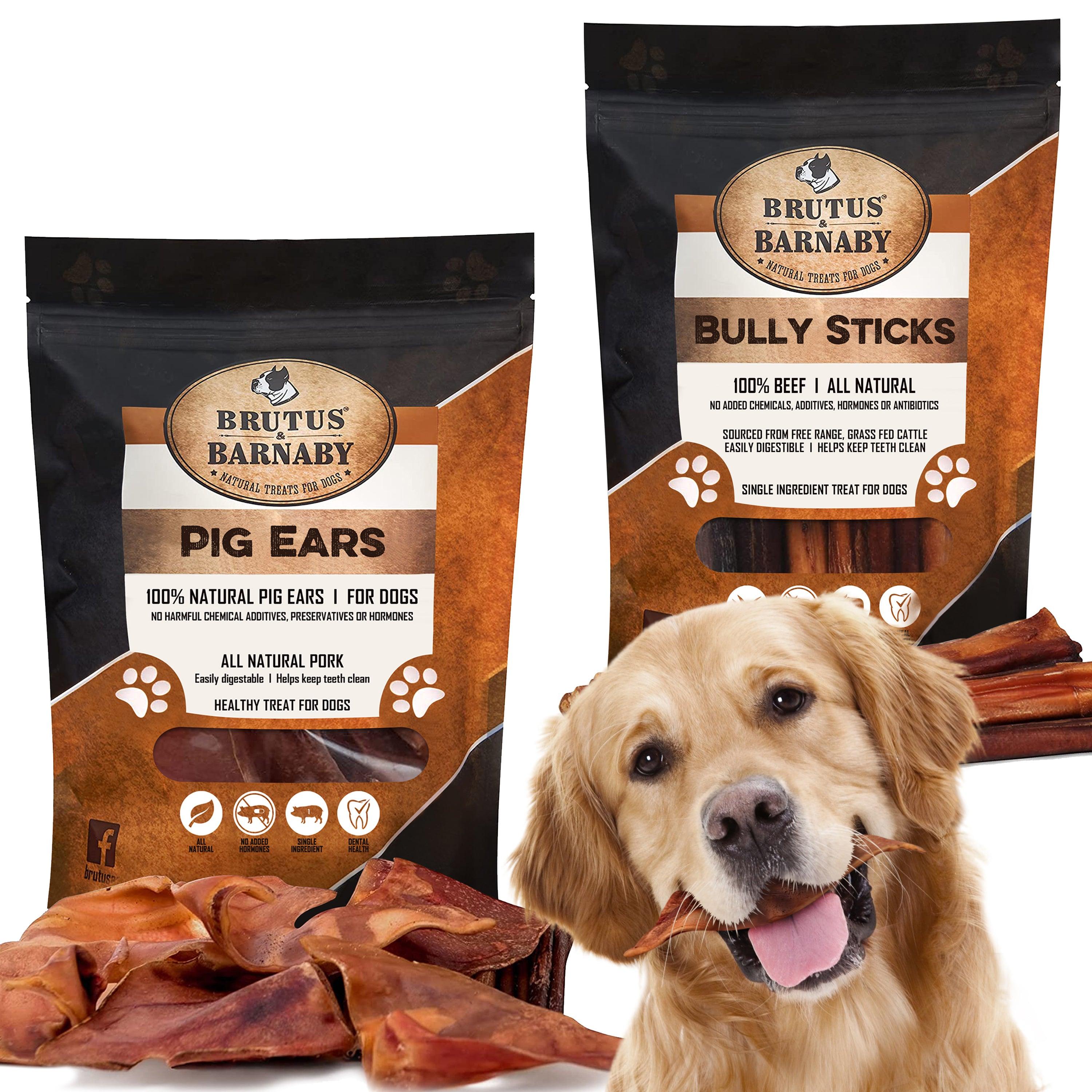 12 Whole Pig Ears + 12 Bully Sticks for Dogs - Brutus & Barnaby