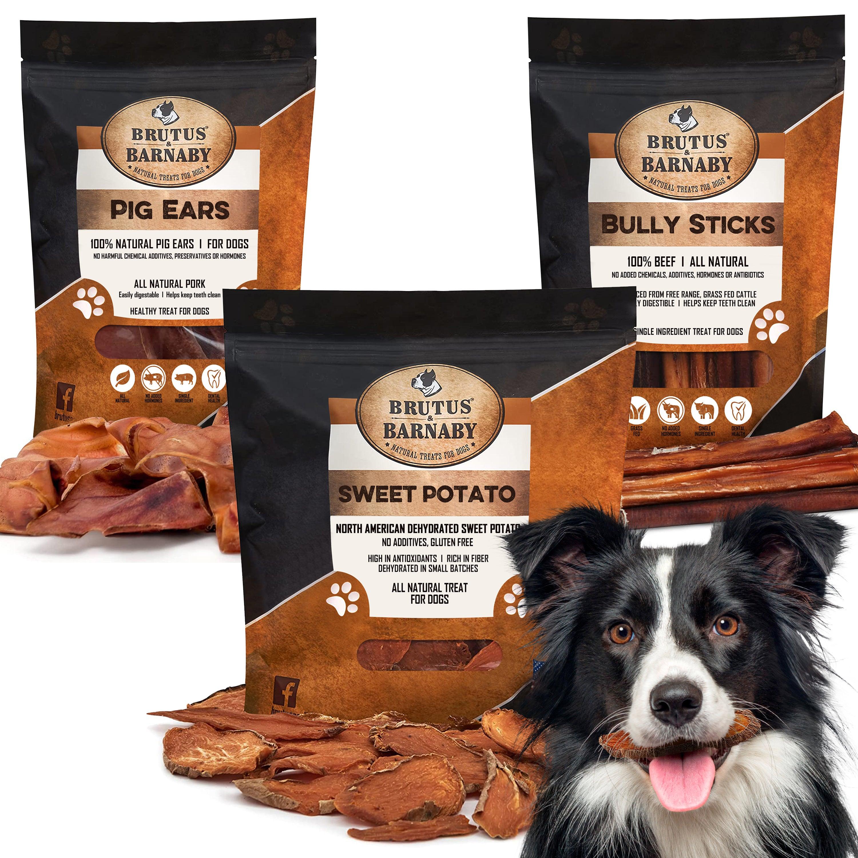 12 Pig Ears, 12 Bully Sticks, Sweet Potato Treats (14oz) - with no Added Colorings, Chemicals or Hormones - Brutus & Barnaby