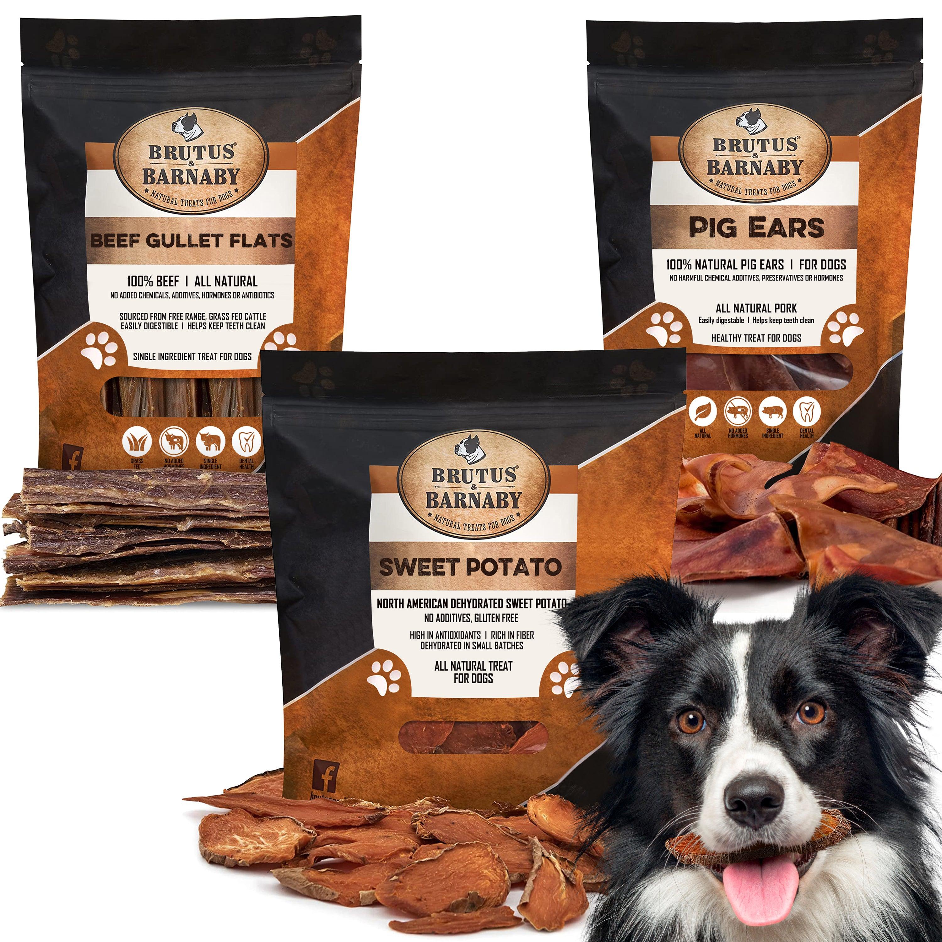 Whole Pig Ear (12-Pack) + Sweet Potato Treats (8oz) + Beef Jerky for Dogs (15-Pack) - Brutus & Barnaby