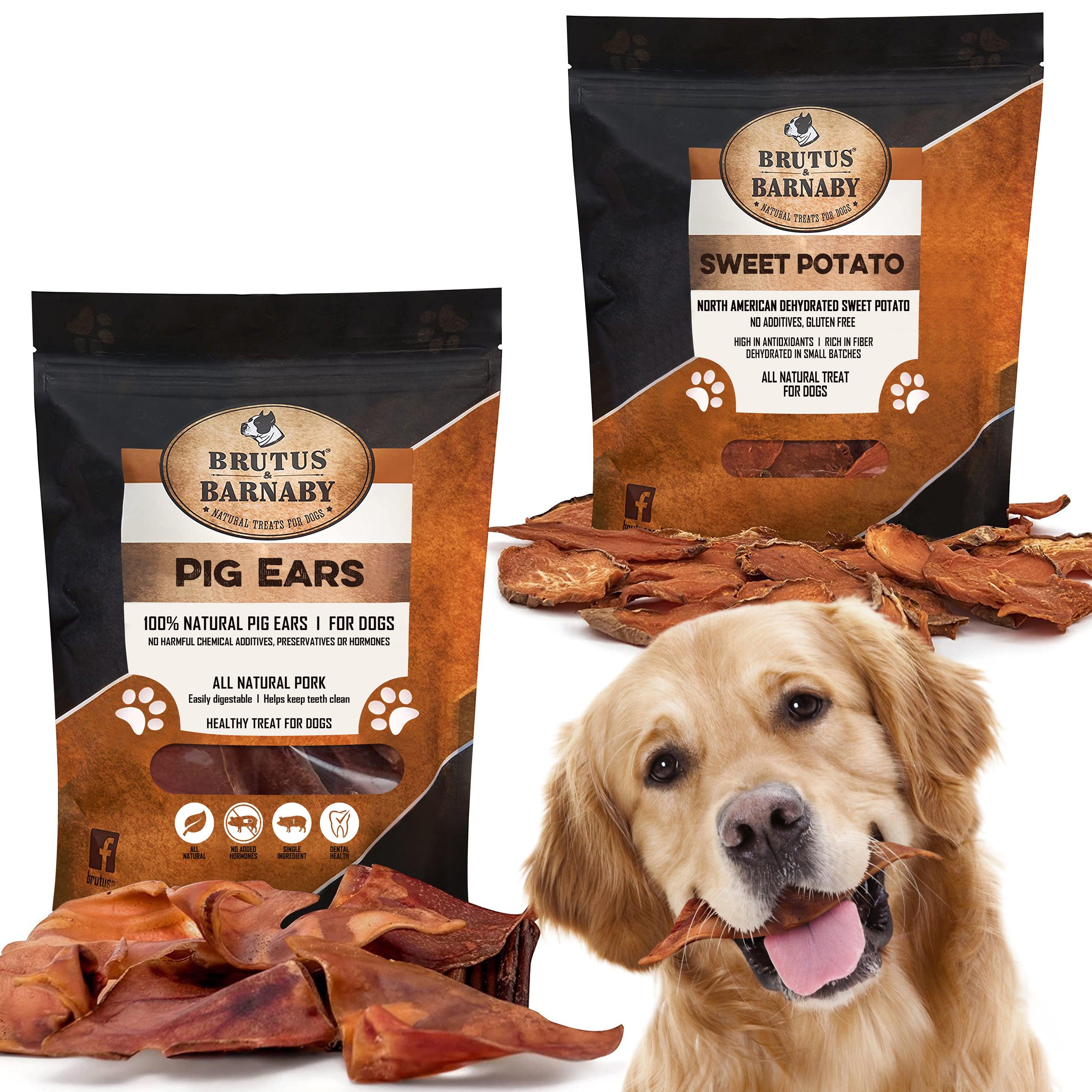 Natural Whole Pig Ear + Sweet Potato Dog Treats - Dehydrated Single Ingredient Dog Treats - Brutus & Barnaby