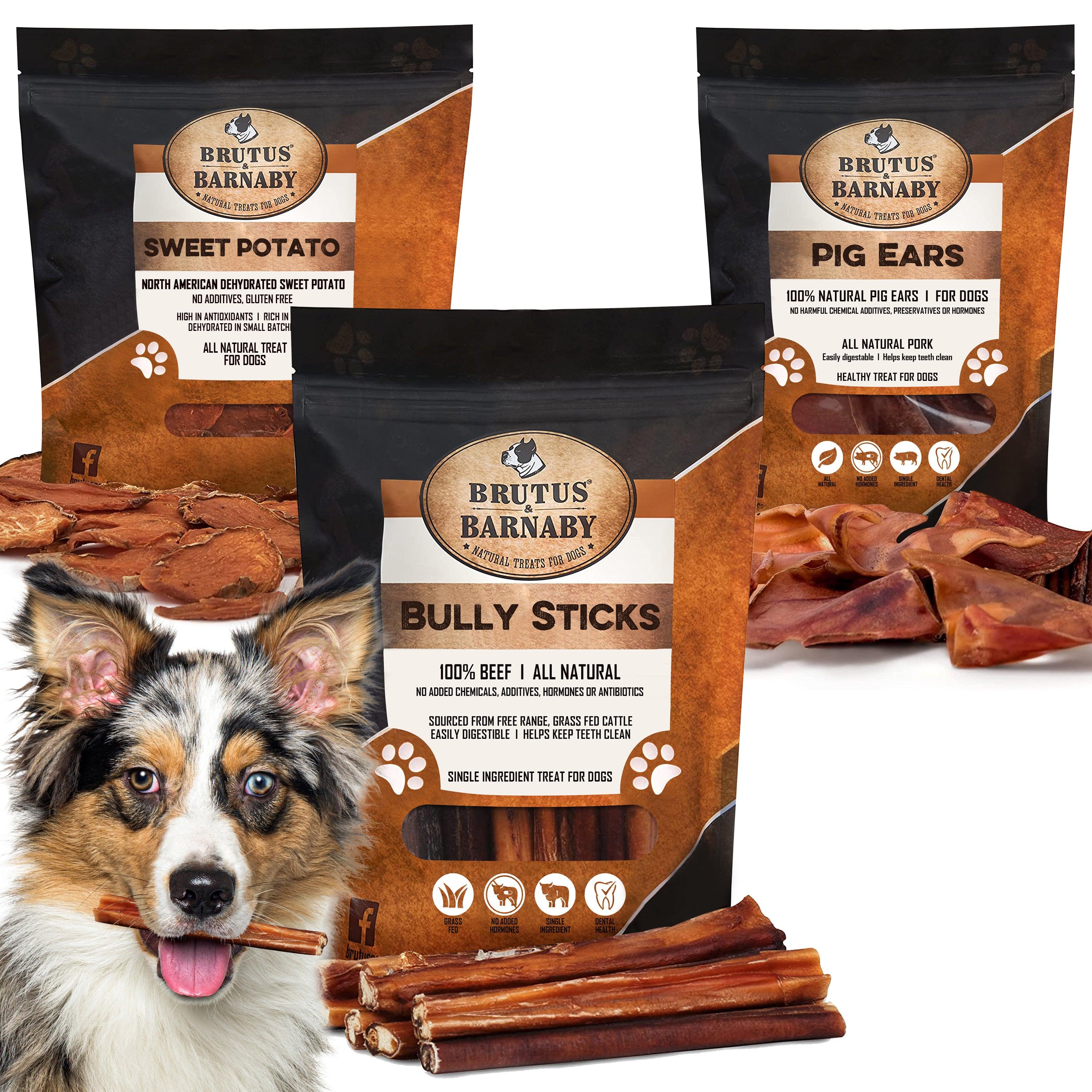 25 Pig Ears, 12 Bully Sticks, Sweet Potato Treats (14oz) - with no Added Colorings, Chemicals or Hormones - Brutus & Barnaby