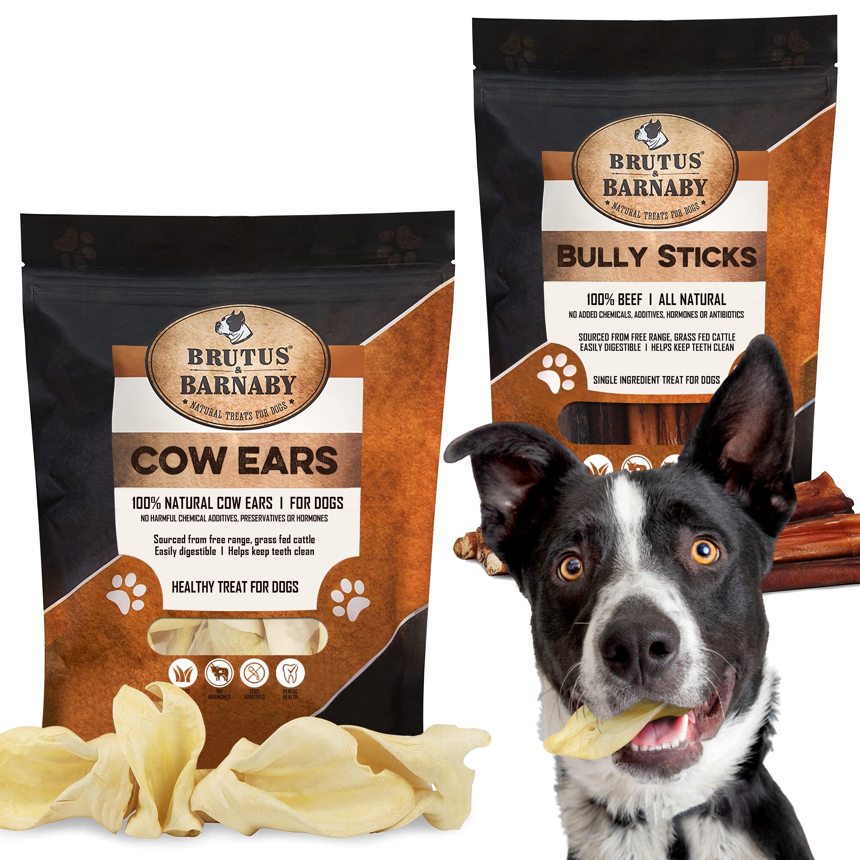 12 Cow Ears + 12 Bully Sticks, All Natural Protein Dog Treats - Brutus & Barnaby
