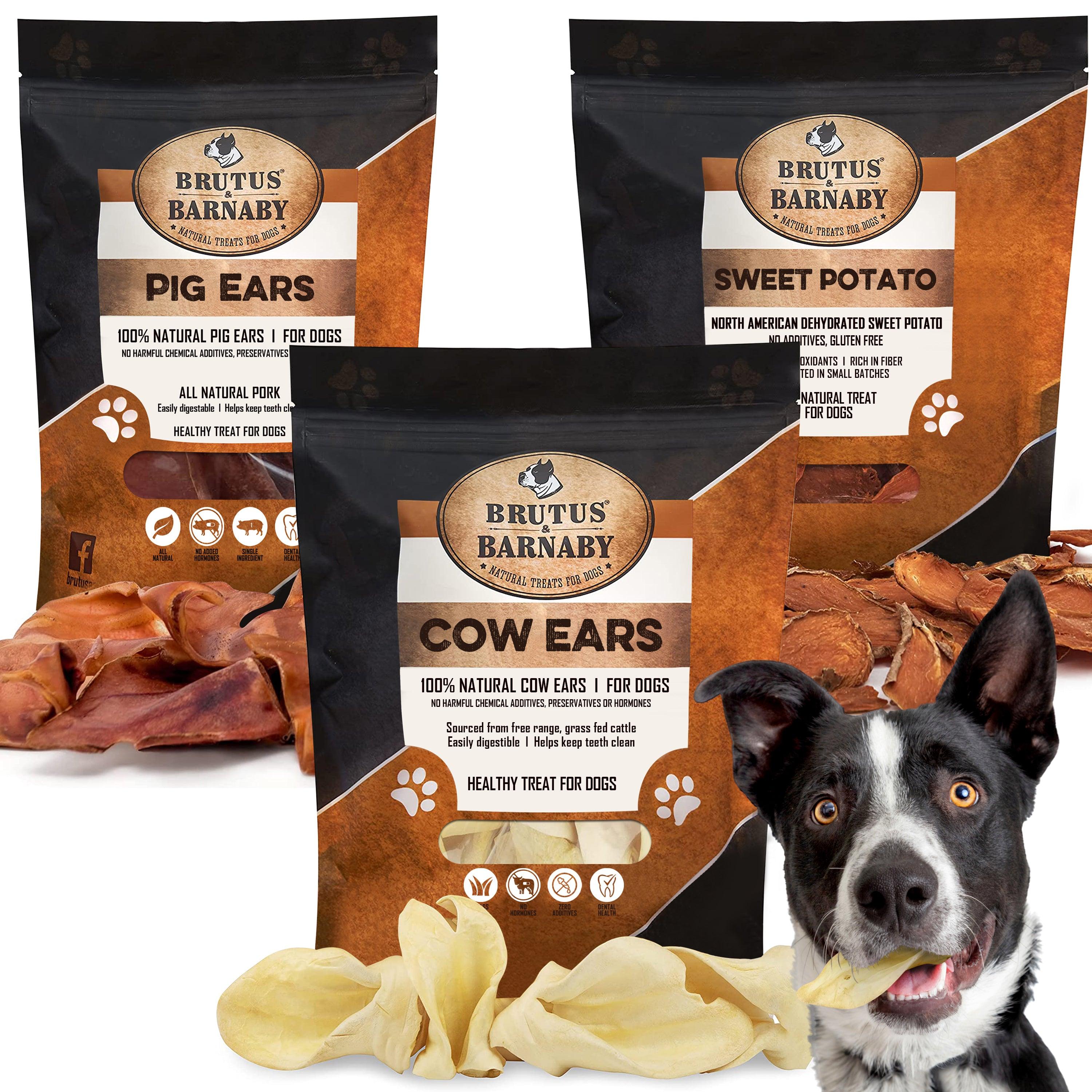 Cow Ears (30-Count) + Whole Pig Ears (12-Count) + Sweet Potato Slices (14oz) - Brutus & Barnaby