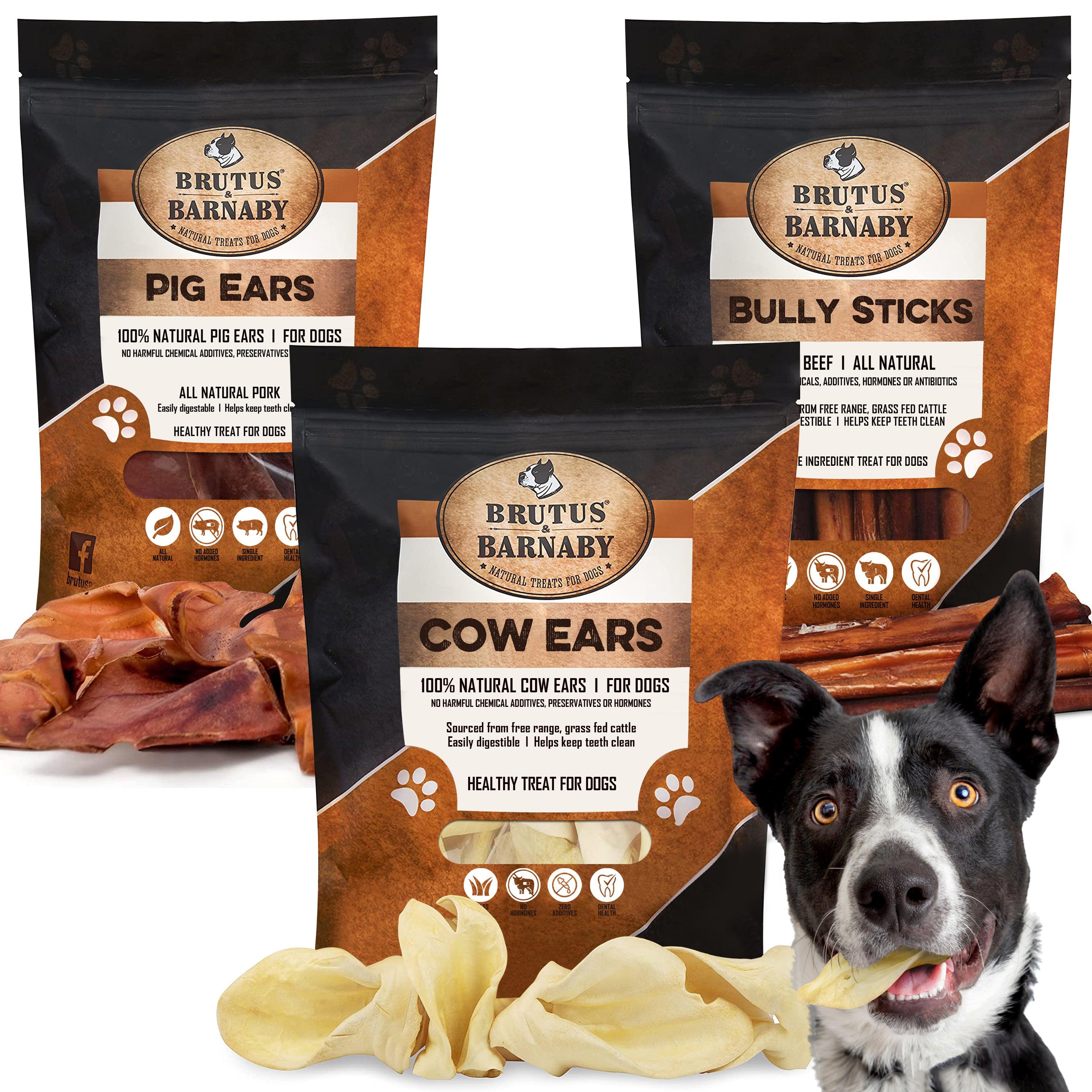 Cow Ears (30-Count) + Bully Sticks (12-Pack) + Pig Ear (12-Count) - Brutus & Barnaby