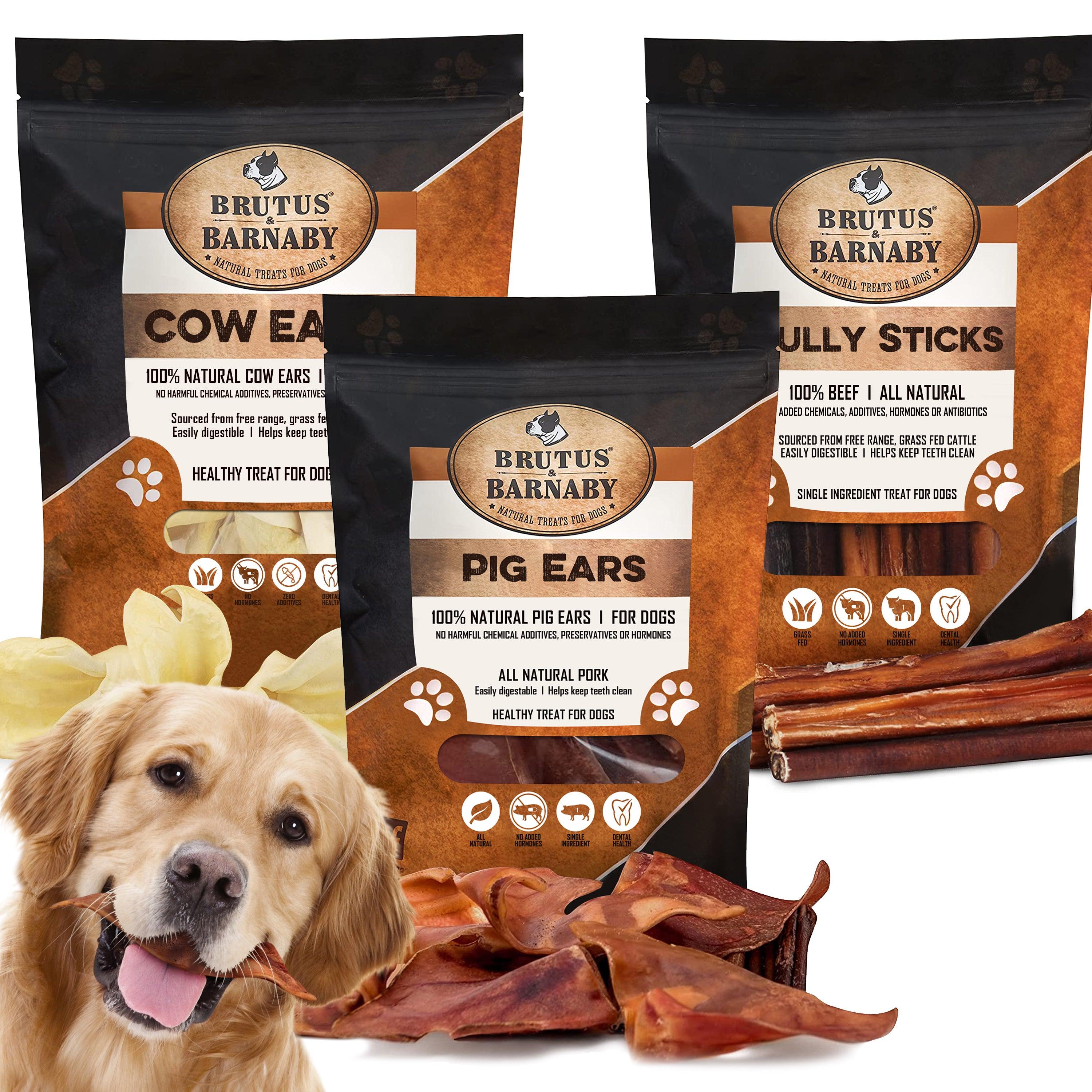 12 Cow Ears + 12 Pig Ears + 12 Bully Sticks - Brutus & Barnaby