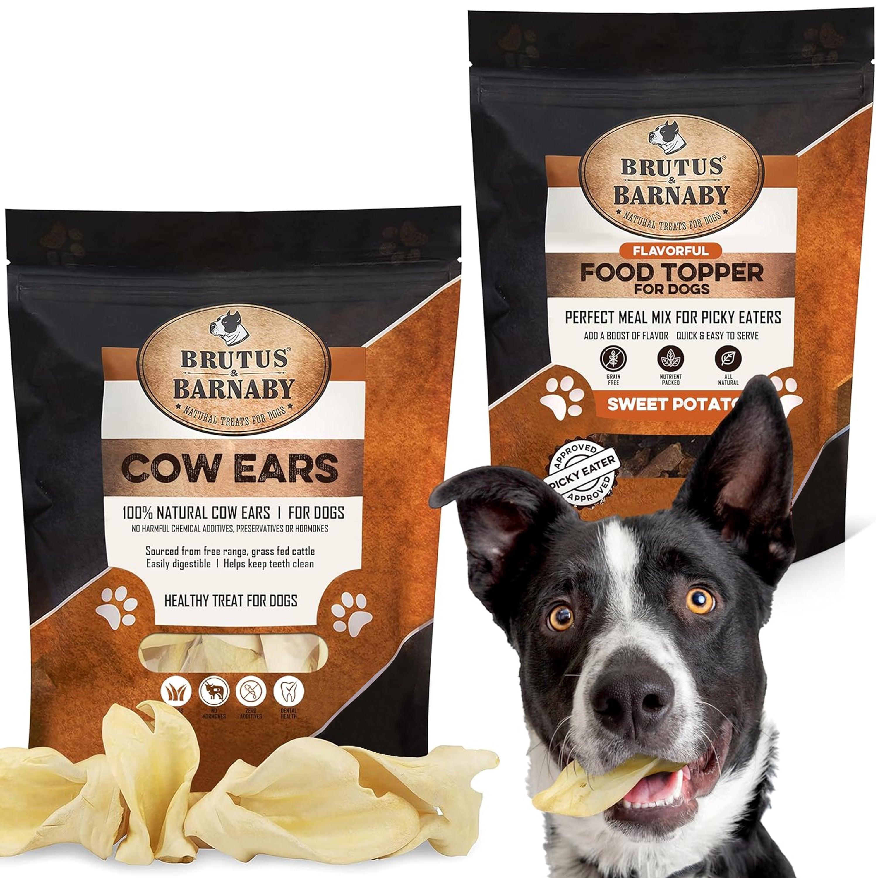 12 Cow Ears + Sweet Potato Food Topper, All Natural Whole Dog Treats - Brutus & Barnaby