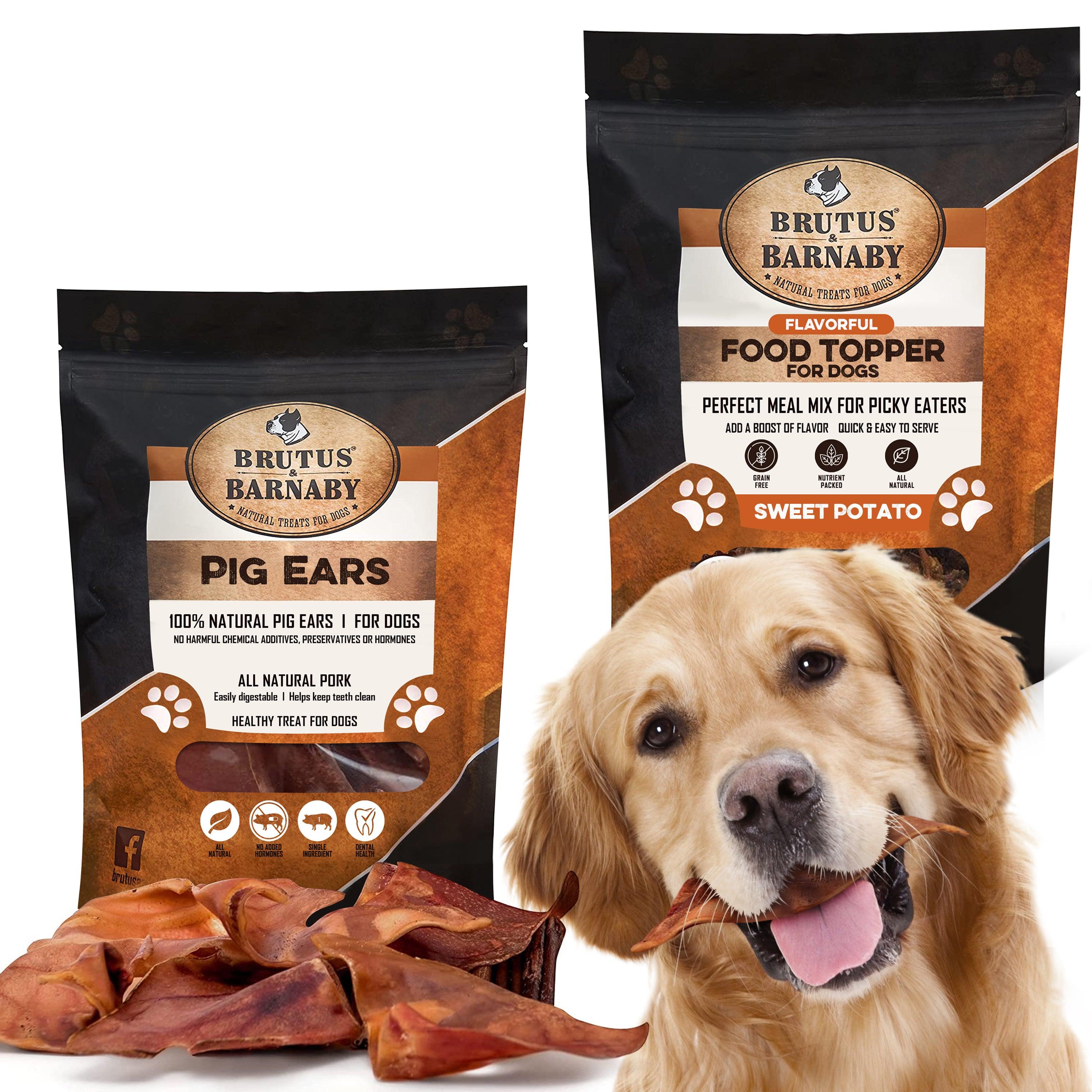 Whole Pig Ear Dog Treat (12-Pack) + Sweet Potato Kibble Topper (8oz) - Brutus & Barnaby