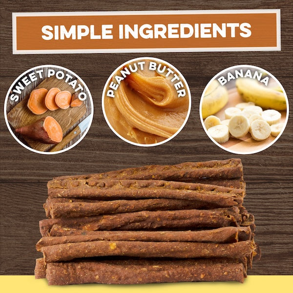 All-natural dog treats with sweet potato, peanut butter, banana — simple ingredients, USA-made chews