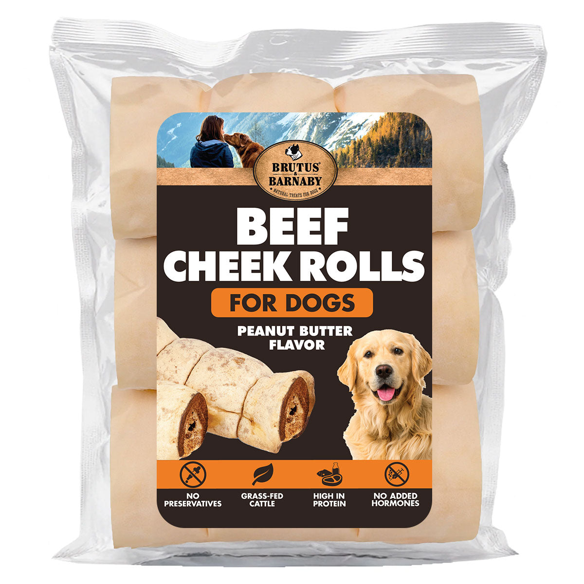 Beef Cheek Rolls for Dogs – Peanut Butter Flavor, Long Lasting Chews & Rawhide-Free