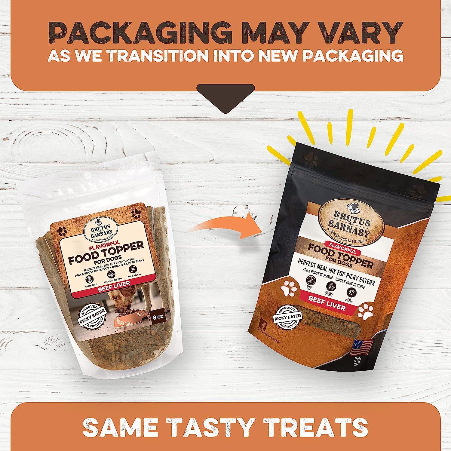 Brutus & Barnaby beef liver food topper for dogs, new packaging same tasty all-natural treats