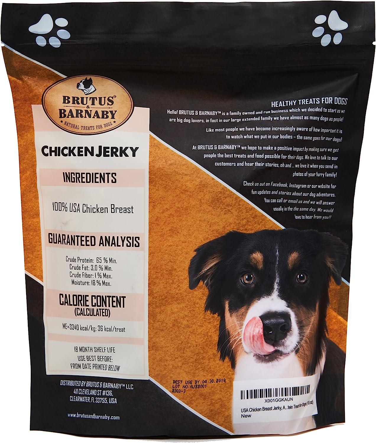 Brutus & Barnaby chicken jerky dog treats made with 100% USA chicken breast, natural and healthy for dogs