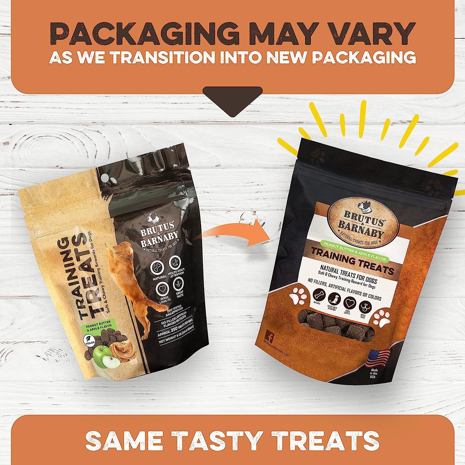 Brutus & Barnaby natural dog training treats in old and new packaging, peanut butter & apple flavor, made in USA