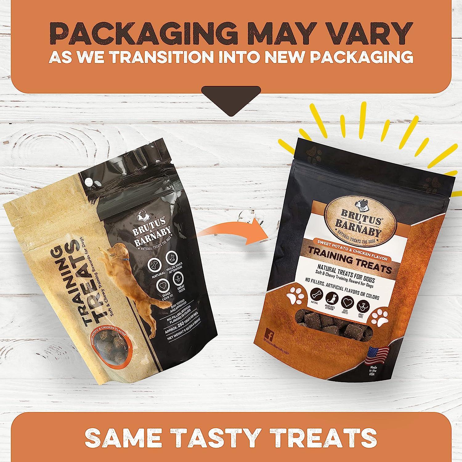 Brutus & Barnaby natural dog training treats in old and new packaging, same tasty sweet potato & chicken flavor