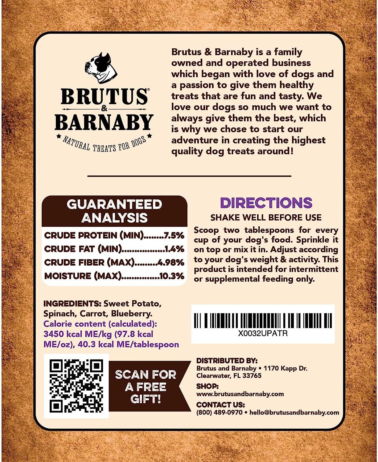 Brutus & Barnaby natural dog treat label with ingredients, guaranteed analysis, and feeding directions for healthy pet snacks