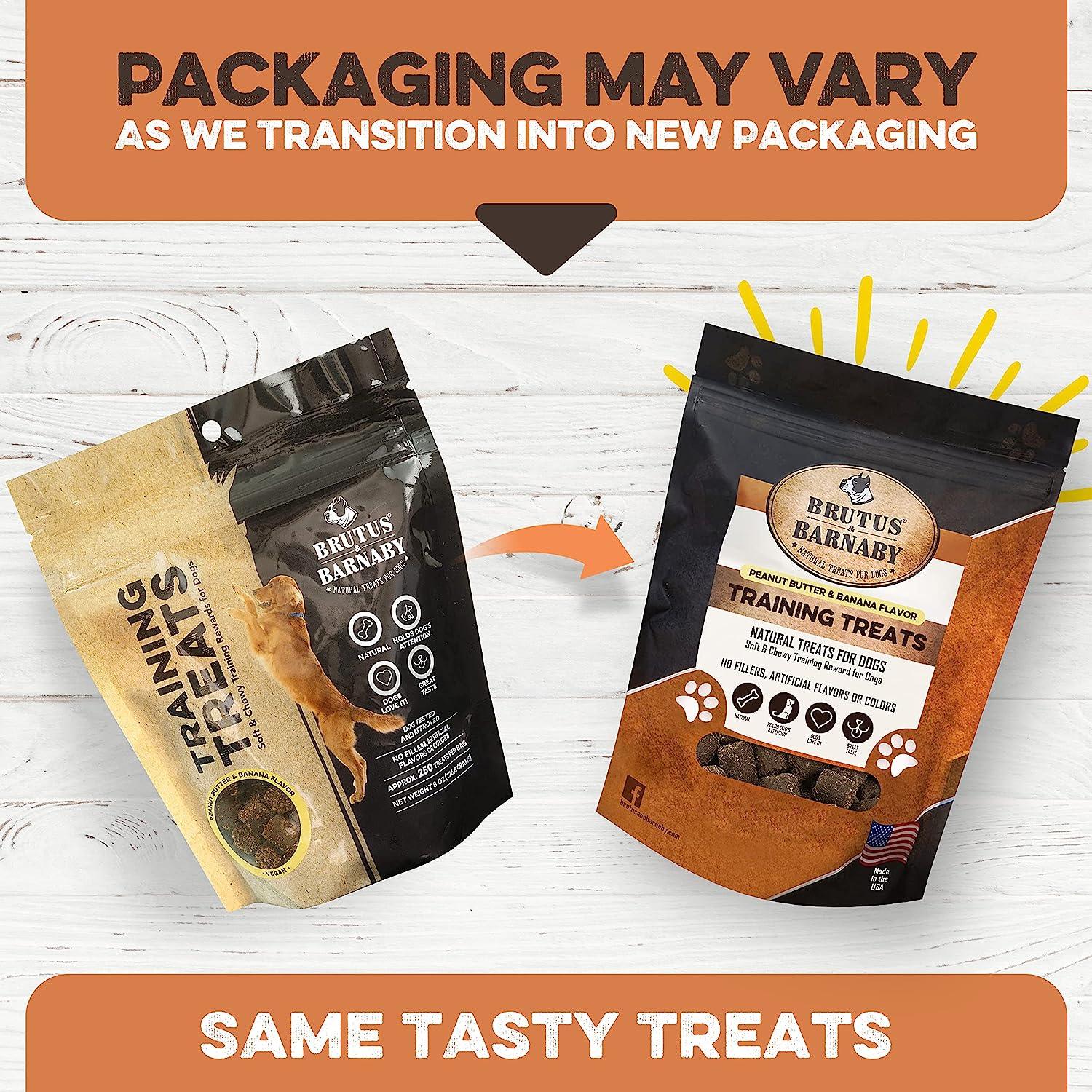 Brutus & Barnaby peanut butter banana training treats in old and new packaging, same natural dog treats