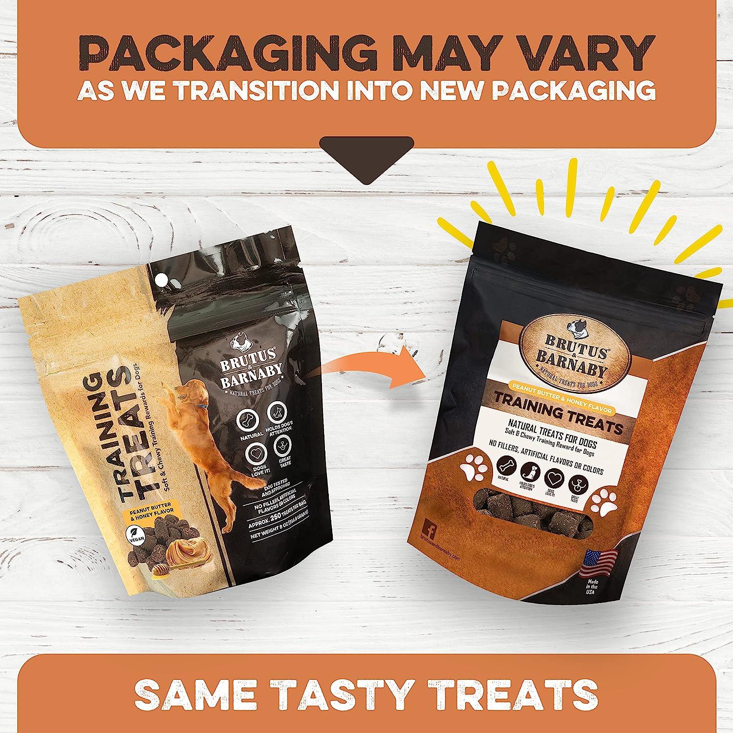 Brutus & Barnaby peanut butter honey training treats for dogs, natural soft chewy rewards, same tasty formula, new packaging