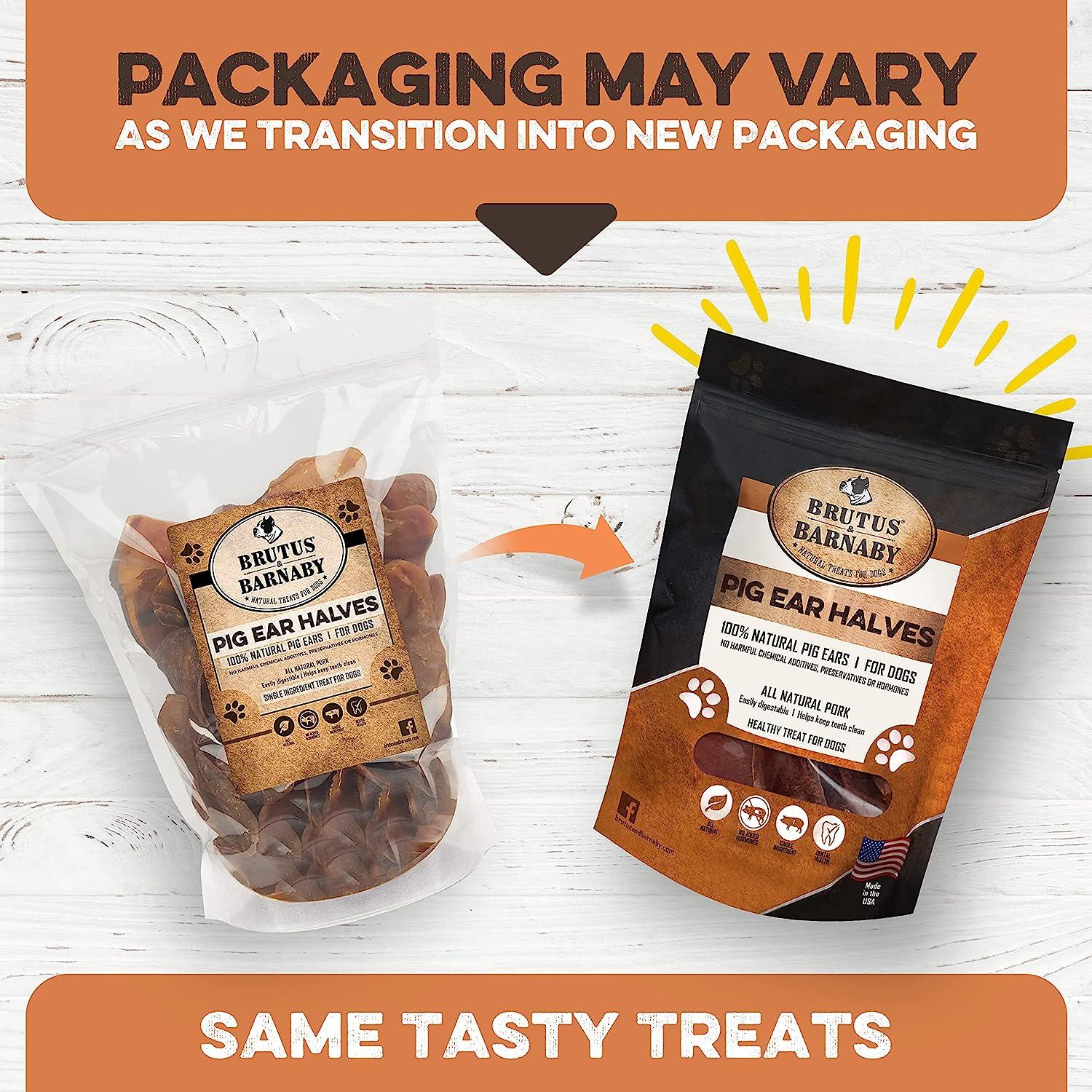 Brutus & Barnaby pig ear halves dog treats in old and new packaging, same all-natural USA-made chews
