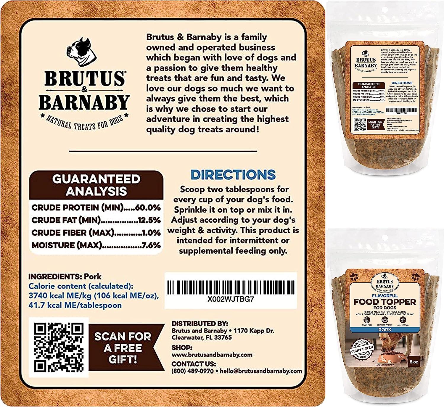 Brutus & Barnaby pork flavor dog food topper, all-natural, grain-free, made in USA, for picky eaters