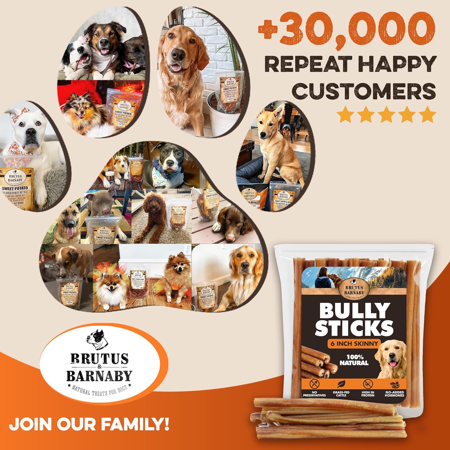 Brutus & Barnaby skinny bully sticks for dogs, natural chews loved by repeat happy customers