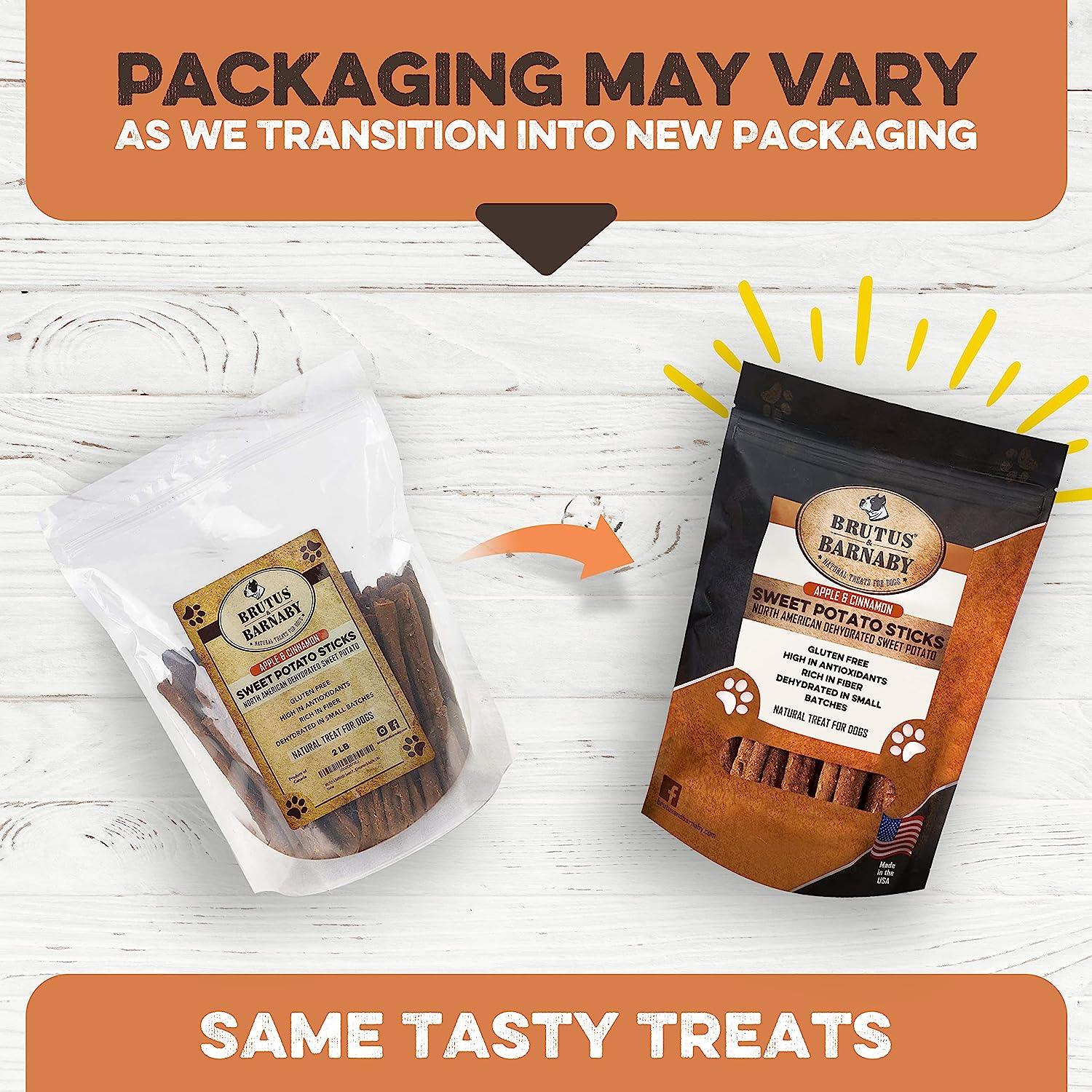 Brutus & Barnaby sweet potato dog treats in old and new packaging, same tasty natural chews