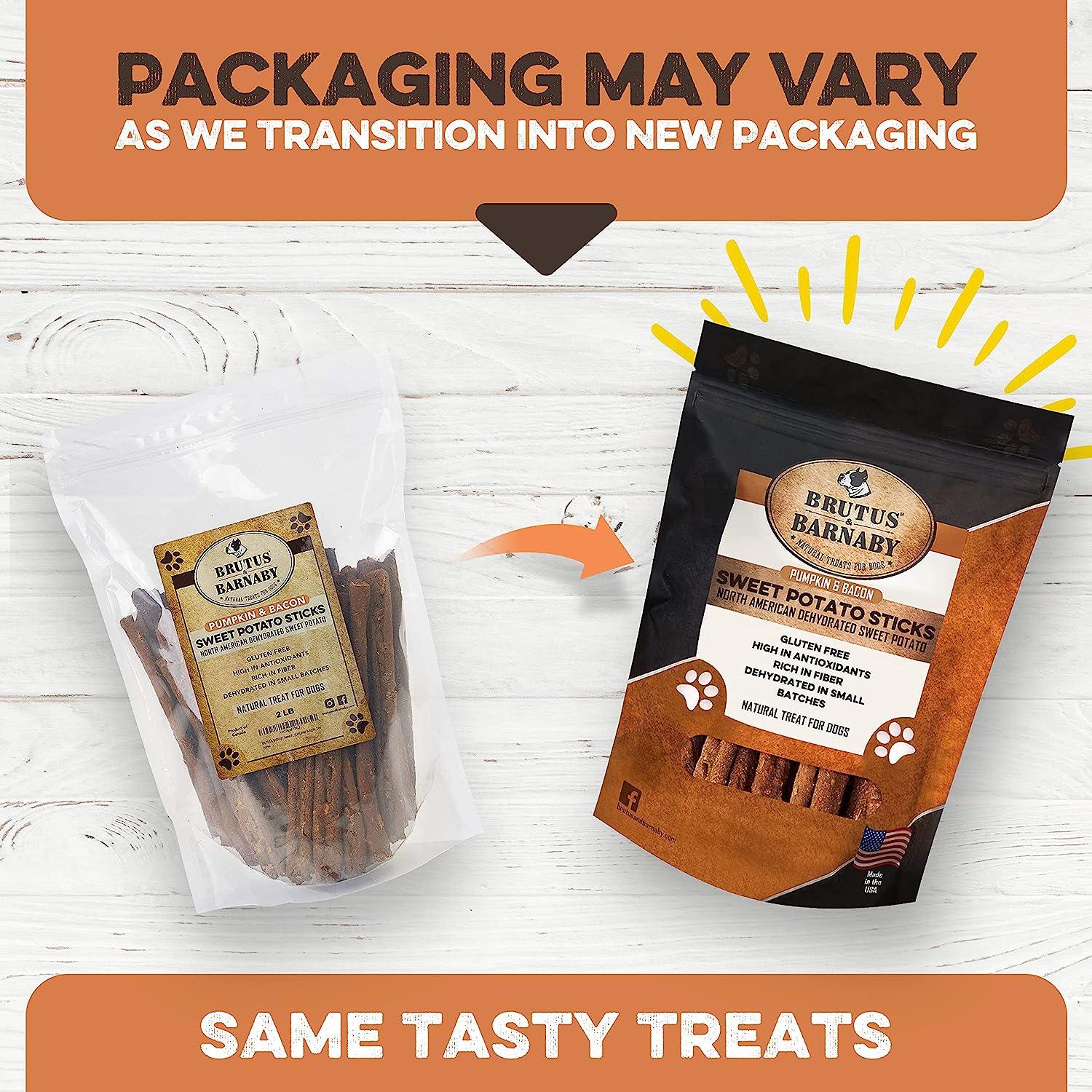 Brutus & Barnaby sweet potato dog treats in old and new packaging, same tasty natural chews