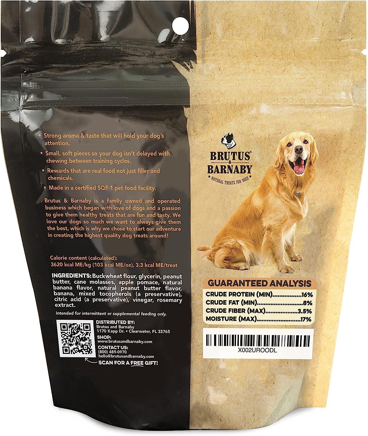 Brutus & Barnaby natural dog treats bag with golden retriever, ingredients, and guaranteed analysis details