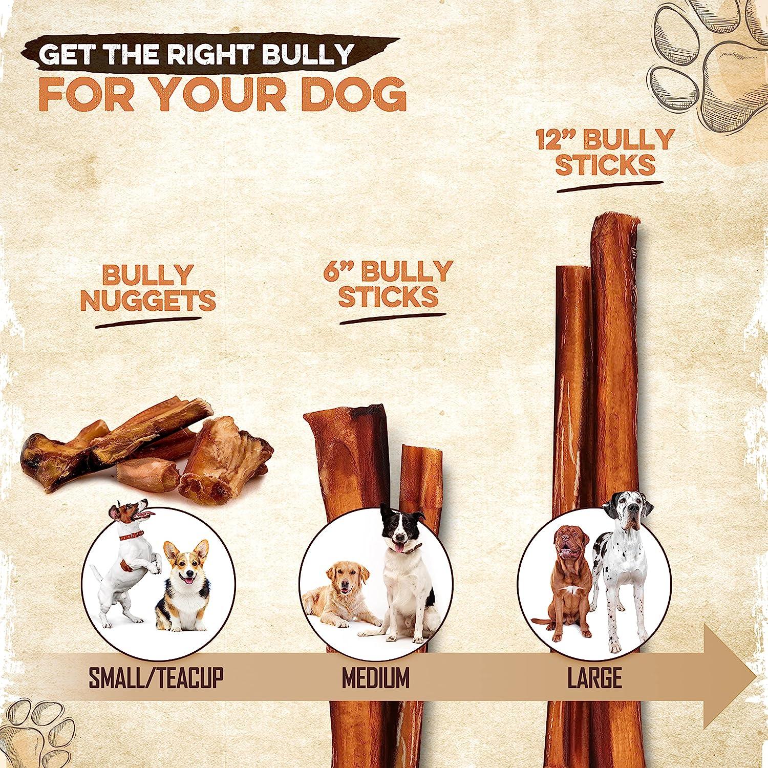 Bully sticks for dogs by size: nuggets for small, 6” for medium, 12” for large breeds