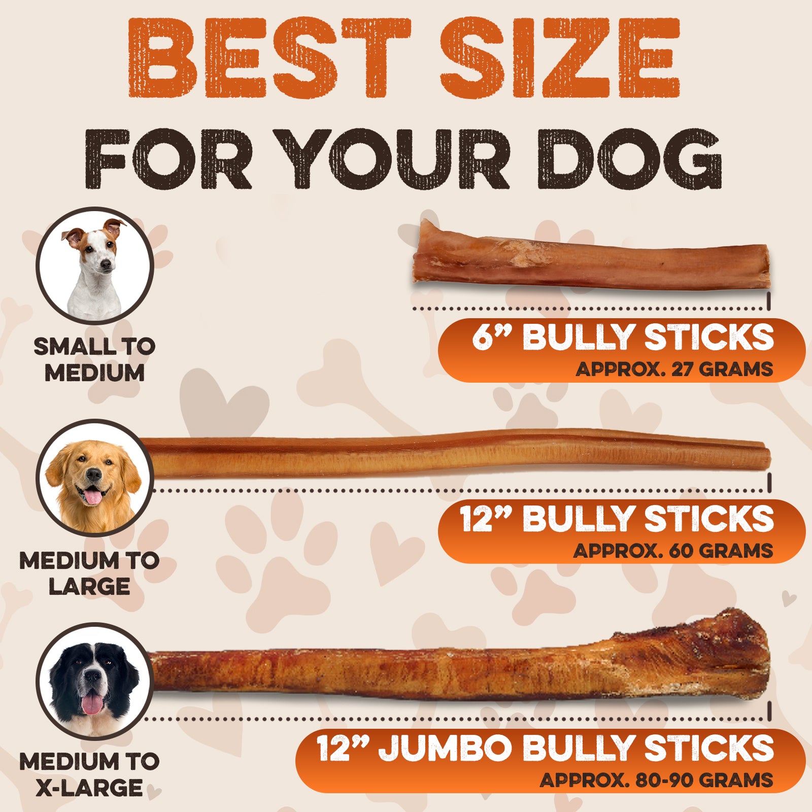 Bully sticks size guide for small, medium, and large dogs — 6”, 12”, and jumbo 12” all-natural chews