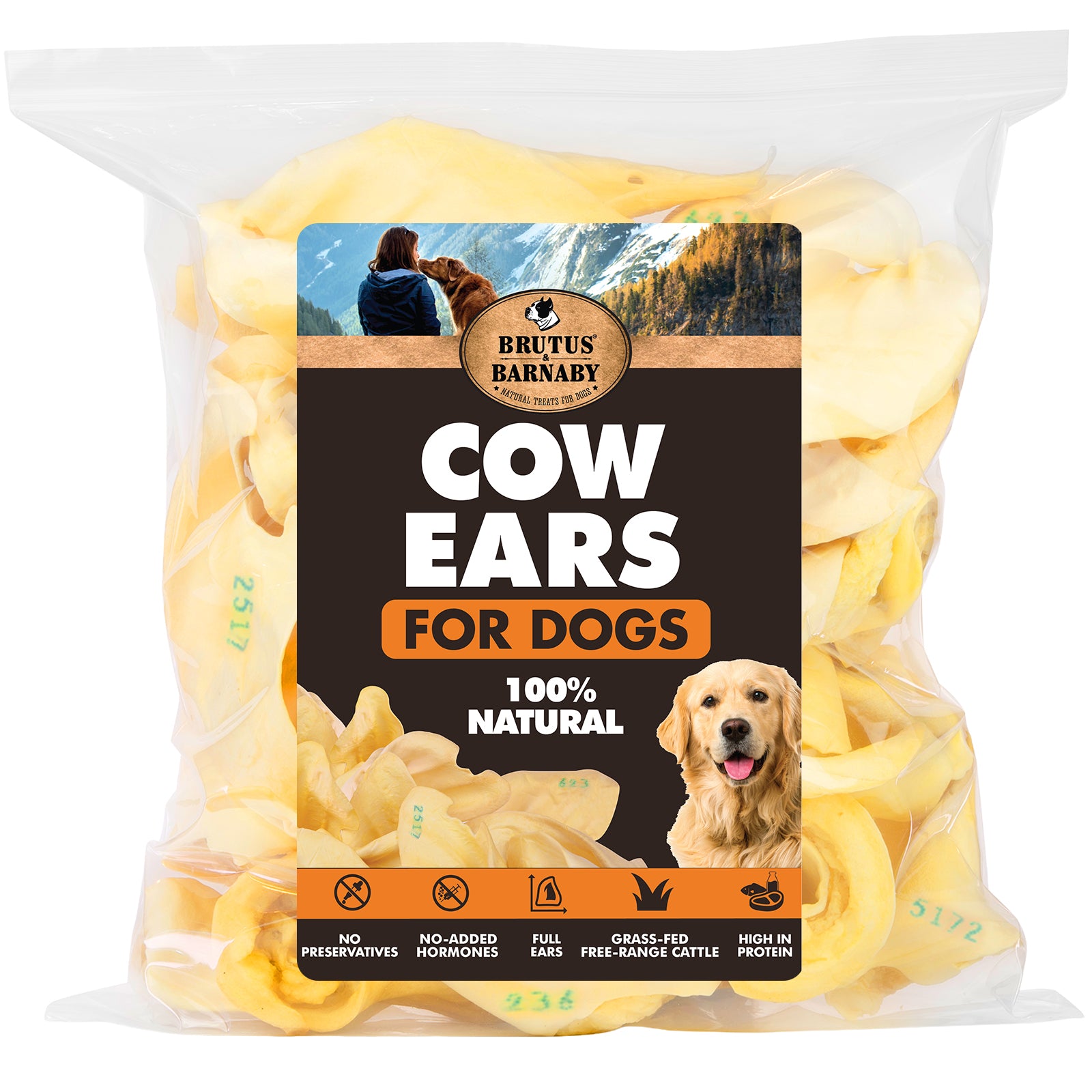 Cow ears for dogs – 100% natural, grass-fed, high-protein dog chews in clear bag