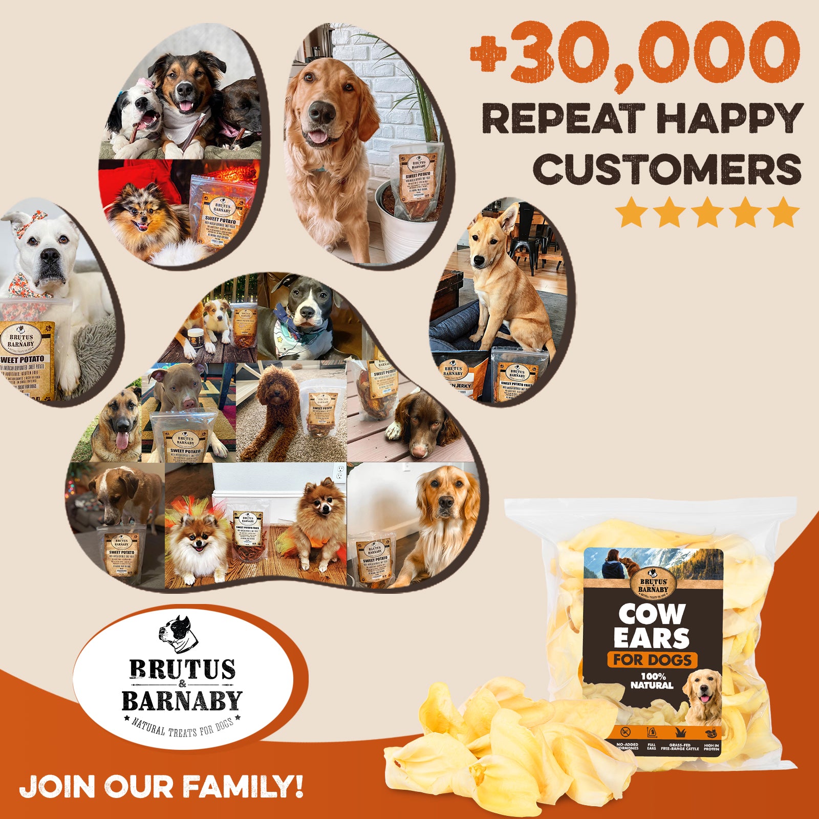 Cow ears for dogs, 100% natural chew treats with happy customer photos and brand logo