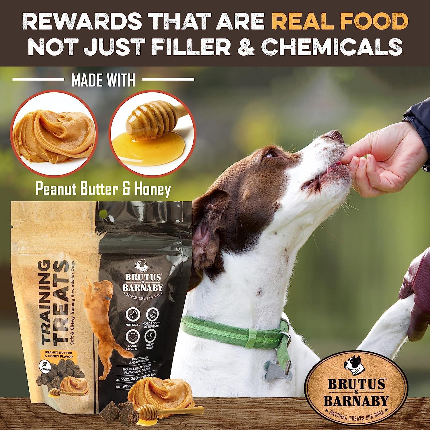 Dog enjoying peanut butter & honey training treats, all-natural rewards made in USA