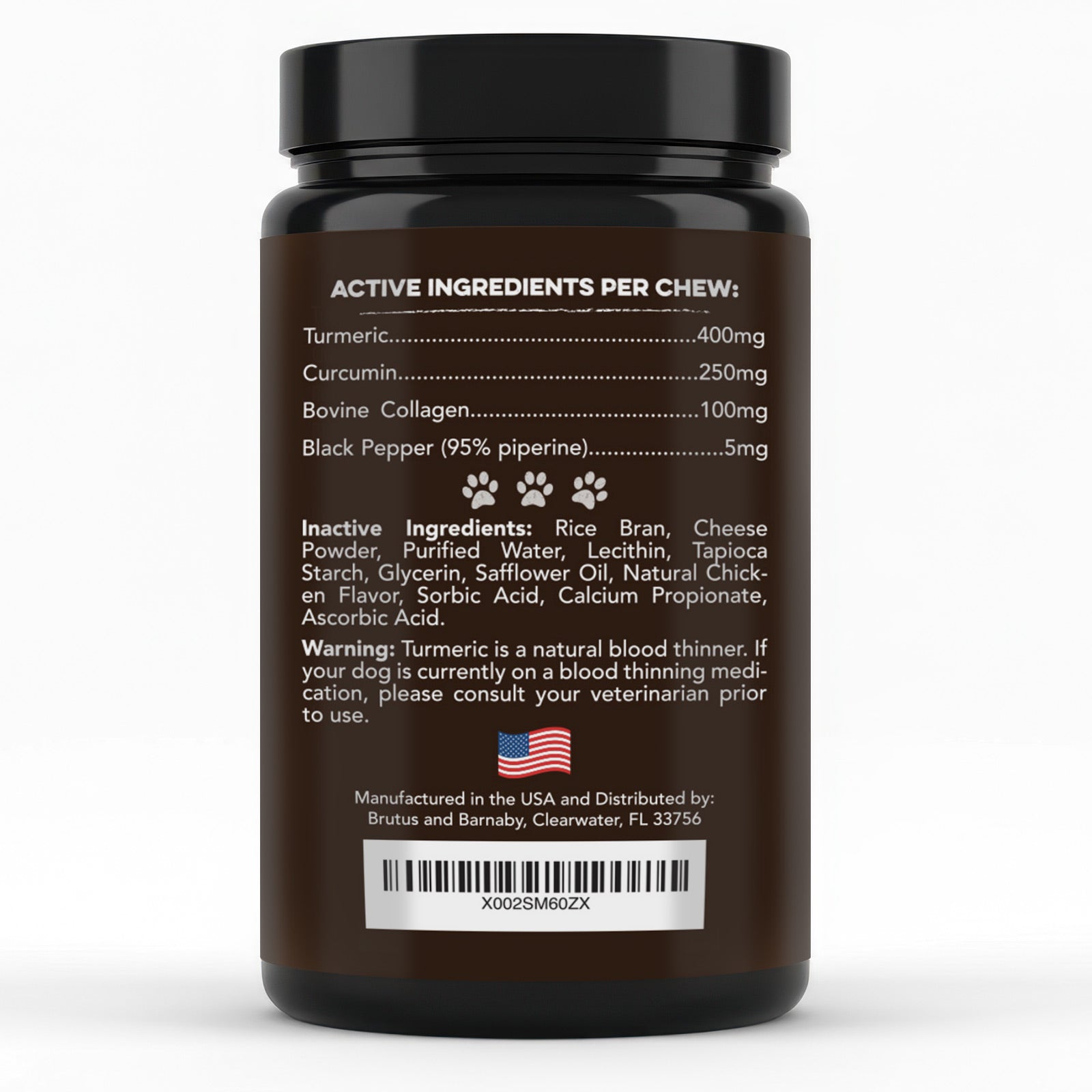 Dog supplement chew bottle with turmeric, collagen, made in USA, all-natural ingredients for canine health