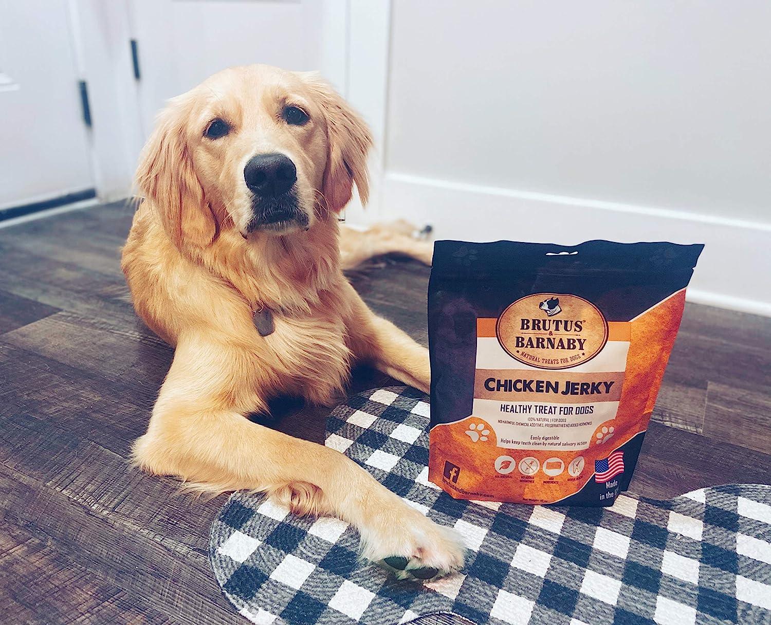 Golden retriever beside Brutus & Barnaby chicken jerky dog treats, all-natural, made in USA