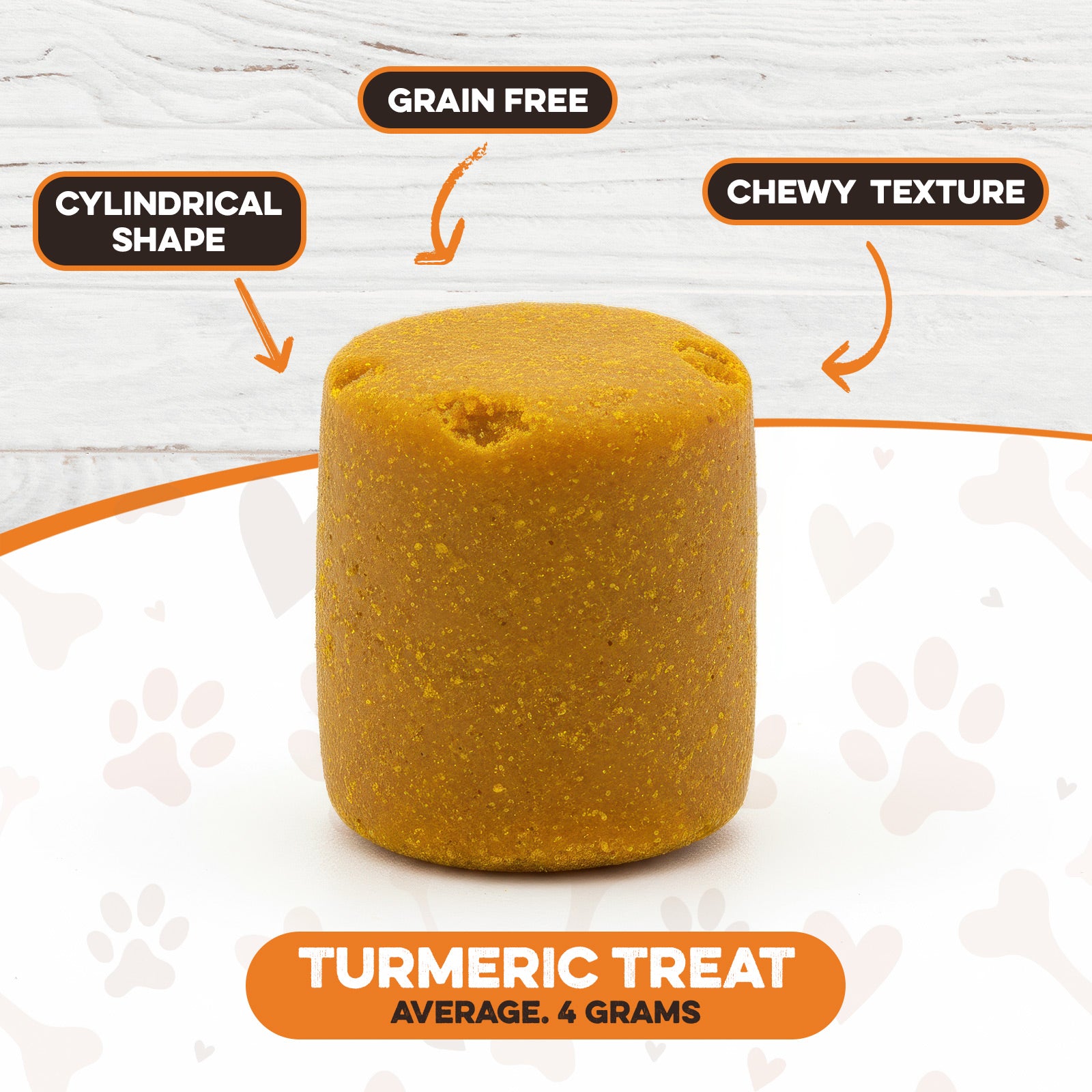 Grain-free turmeric dog treat with chewy texture, cylindrical shape, average 4 grams