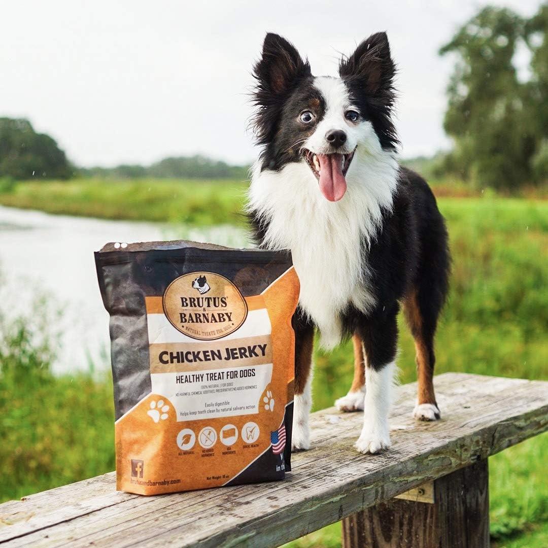 Happy black and white dog beside bag of chicken jerky treats, all-natural USA-made dog snacks